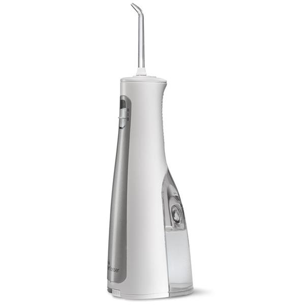 Seitenansicht – Weiße WF-03 Cordless Freedom Munddusche, Griff und Düsenaufsatz