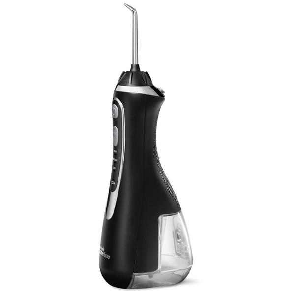 Seitenansicht – Schwarze WP-562 Cordless Advanced Munddusche, Griff und Düsenaufsatz