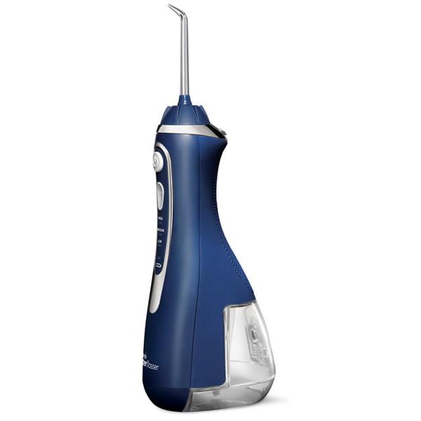 Seitenansicht – Blaue WP-563 Cordless Advanced Munddusche, Griff und Düsenaufsatz